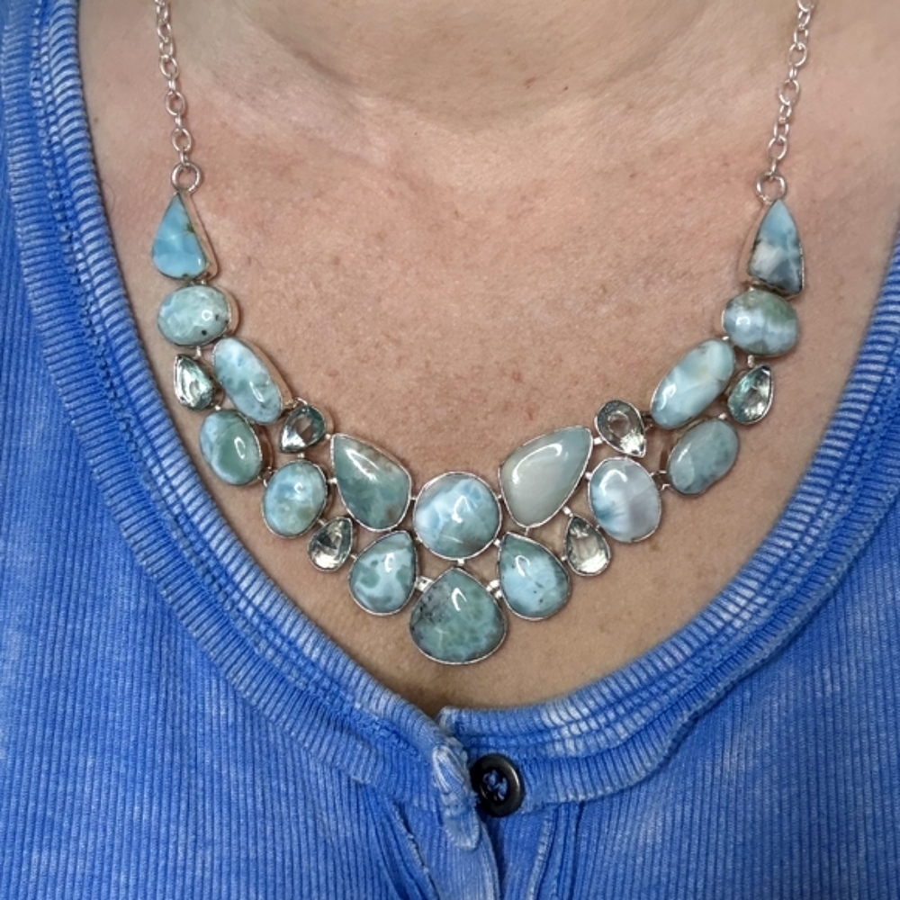 Natural Larimar Statement Necklace With Aquamarine Accents - Picture 2 of 8